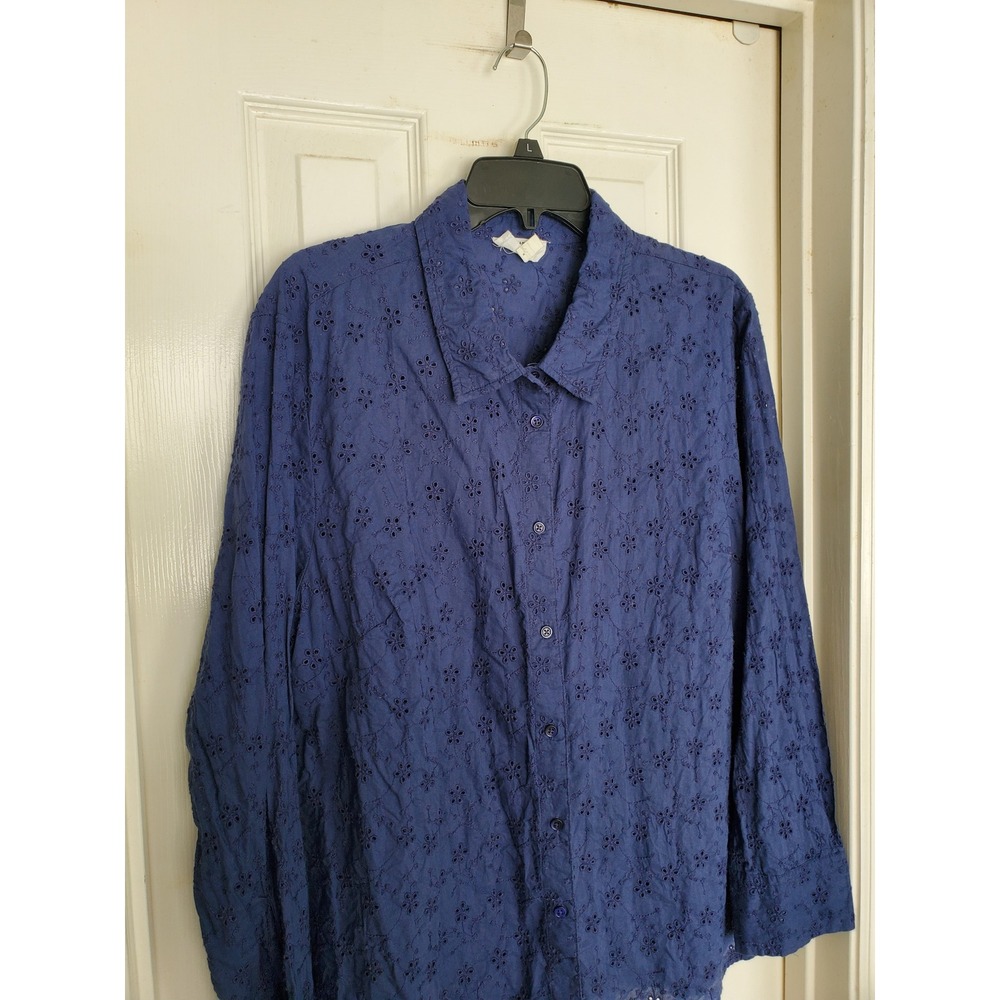 Candace Cameron Bure Eyelet Button Down Shirt Blue Long Sleeve Petite XL